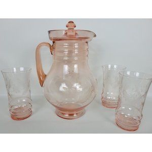 Vtg Pink Depression Glass Etched Lidded Pitcher w. 3 Drinking‎ Glasses Tumblers